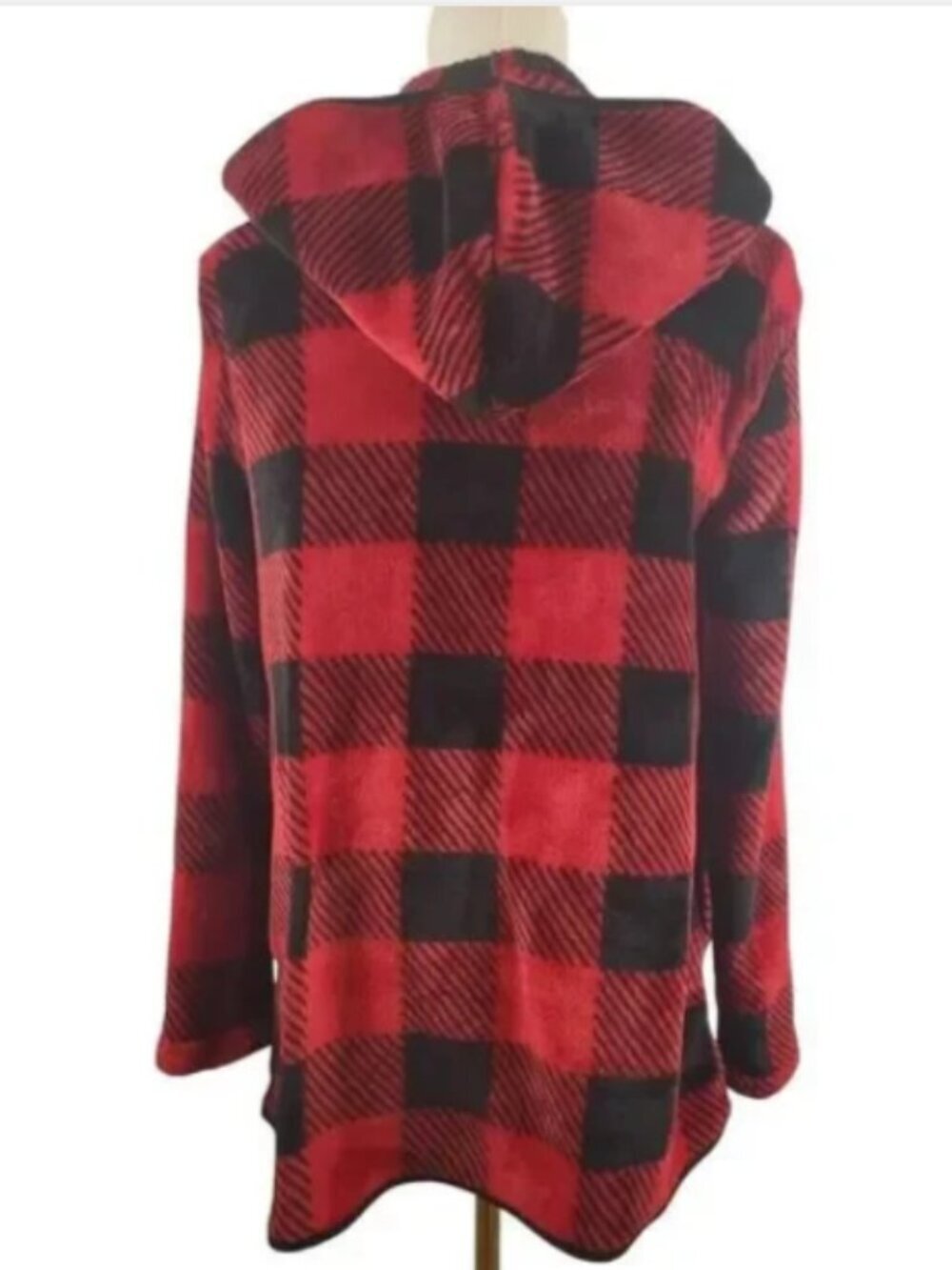 Knapp Studio Medium (est). Hooded Open Front Jacket Red Black Plaid Soft Cozy - Picture 3 of 8